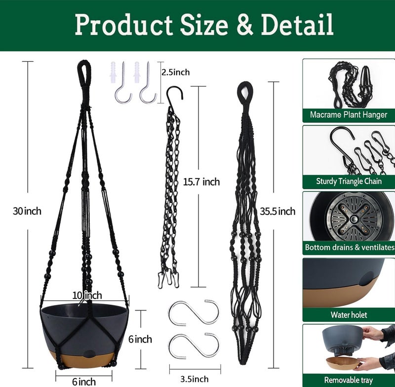 Koalaime 2 Pack Hanging Planters Set,10 Inch Indoor Outdoor Hanging Plant Pot Basket,Hanging Flower Pot with Drainage Hole with 3 Hooks for Garden Home… (Black Hanger Black Planters) - Image 4